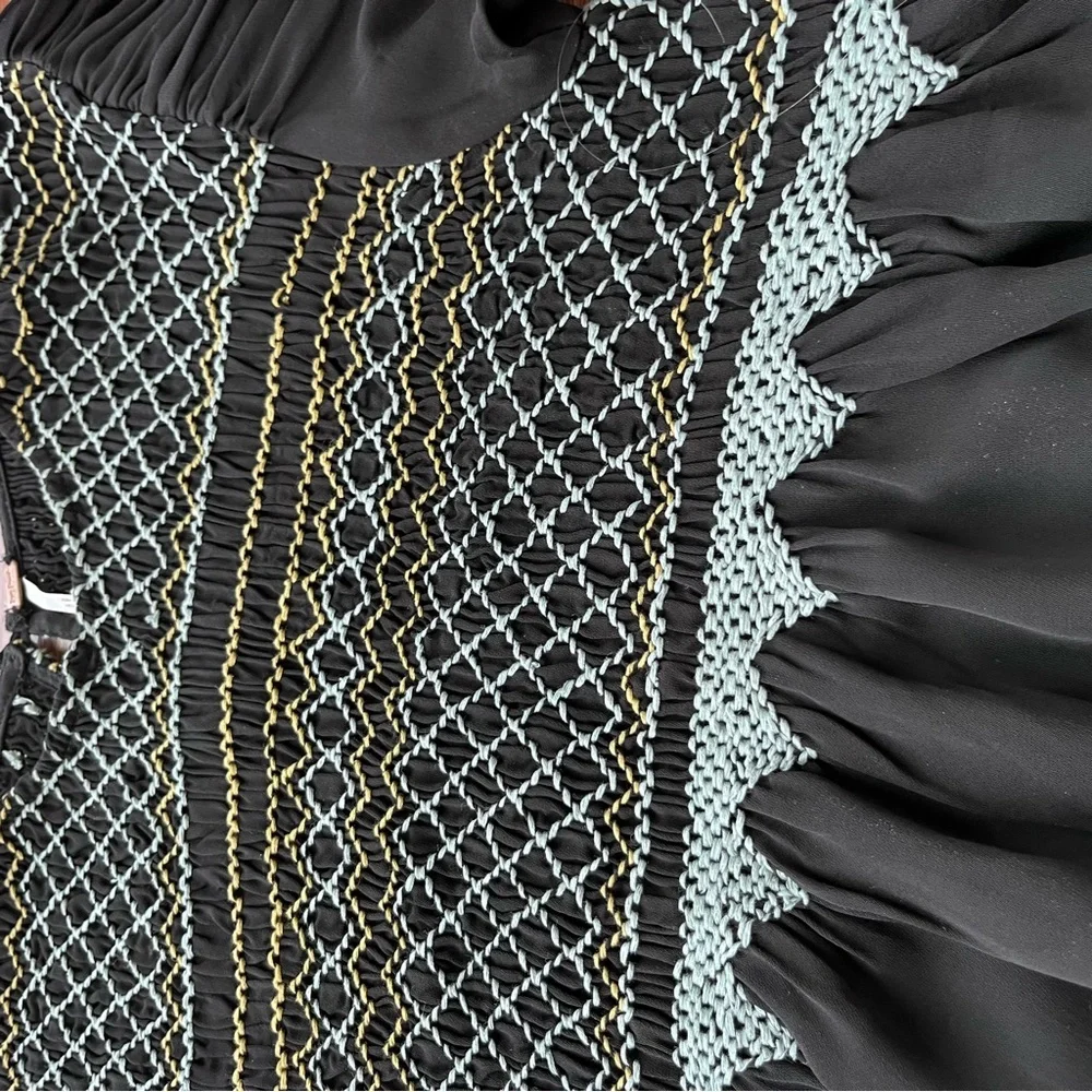 FREE PEOPLE Black Smocked & Embroidered Bohemian Mini Dress. NWOT, Size M - Picture 10 of 10